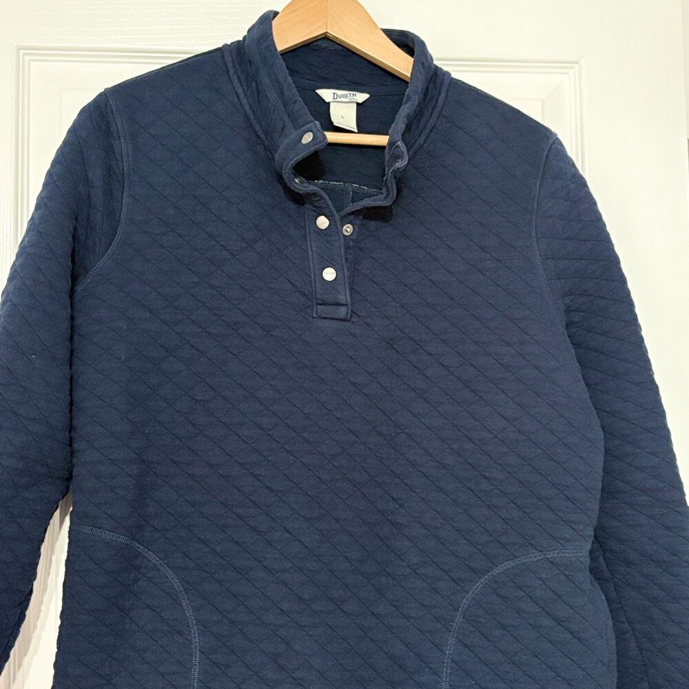 Duluth Trading Quilted 1/4 Snap Sweatshirt Womens L Navy Blue Pullover Pockets - Picture 2 of 5